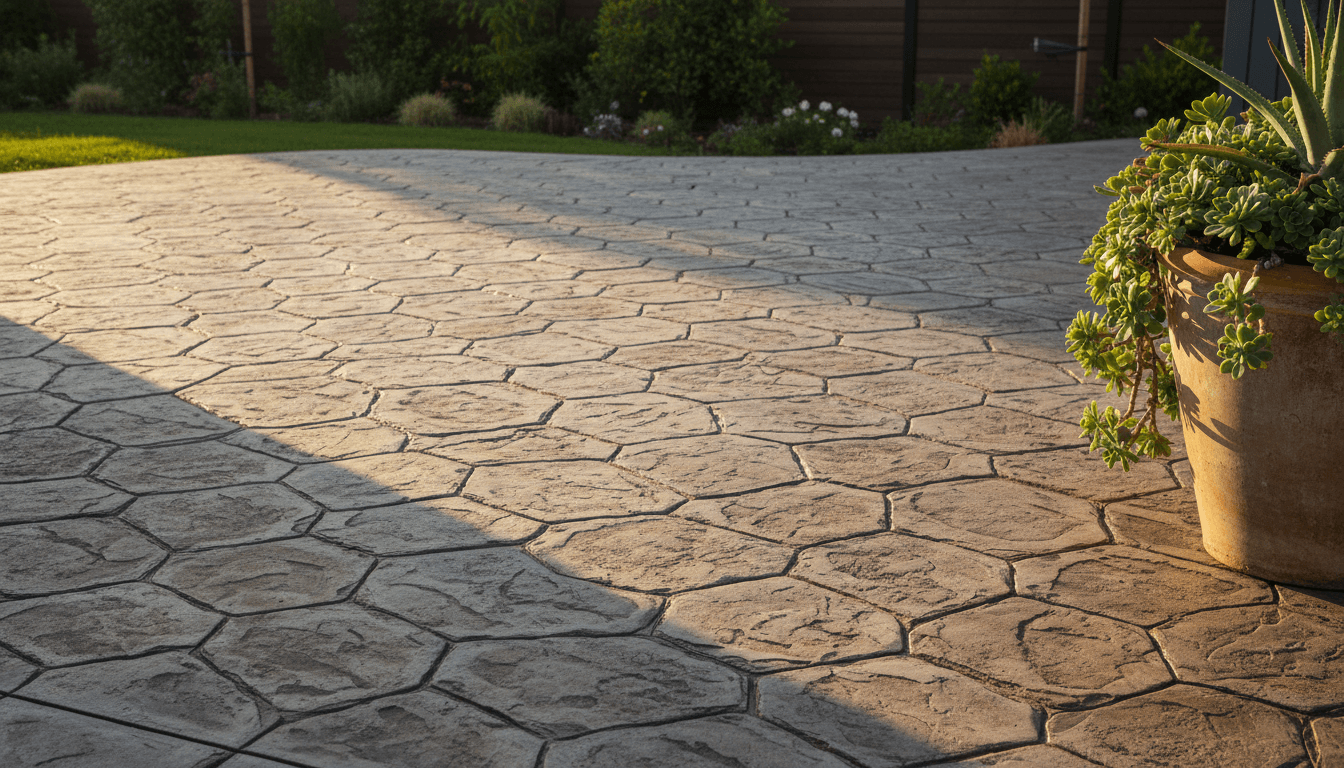 Stamped concrete patio with stone pattern texture in warm afternoon light