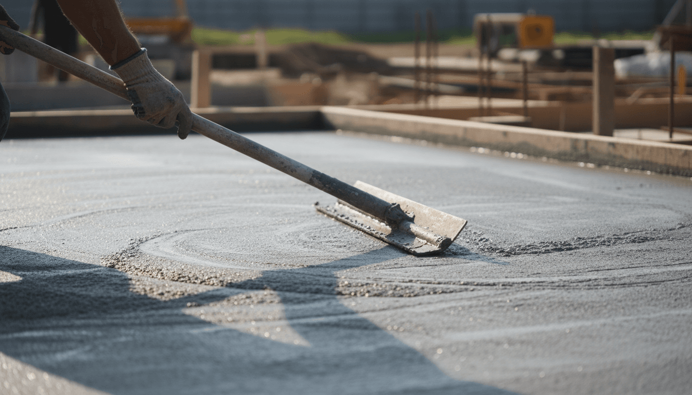 Contractor smoothing fresh concrete with a hand float