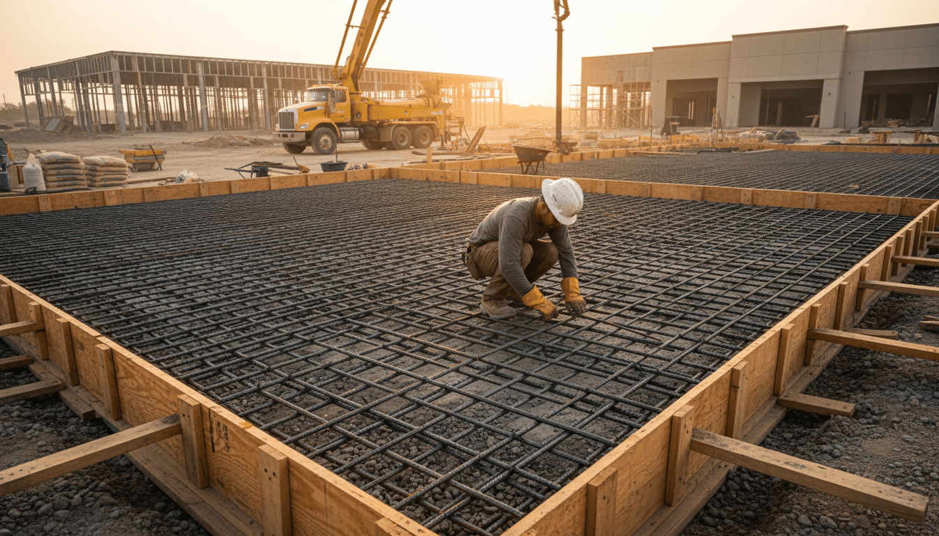 rebar grid placed inside wooden forms ready for concrete