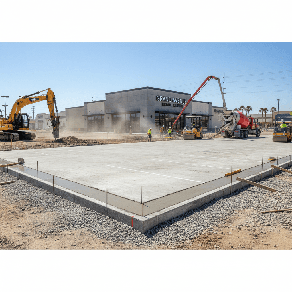 Retail space concrete parking lot and curbs finished by All Star Mason Construction