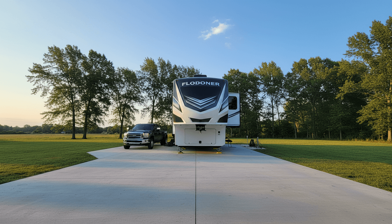 Fifth wheel trailer parked level on a smooth concrete RV pad in a residential yard