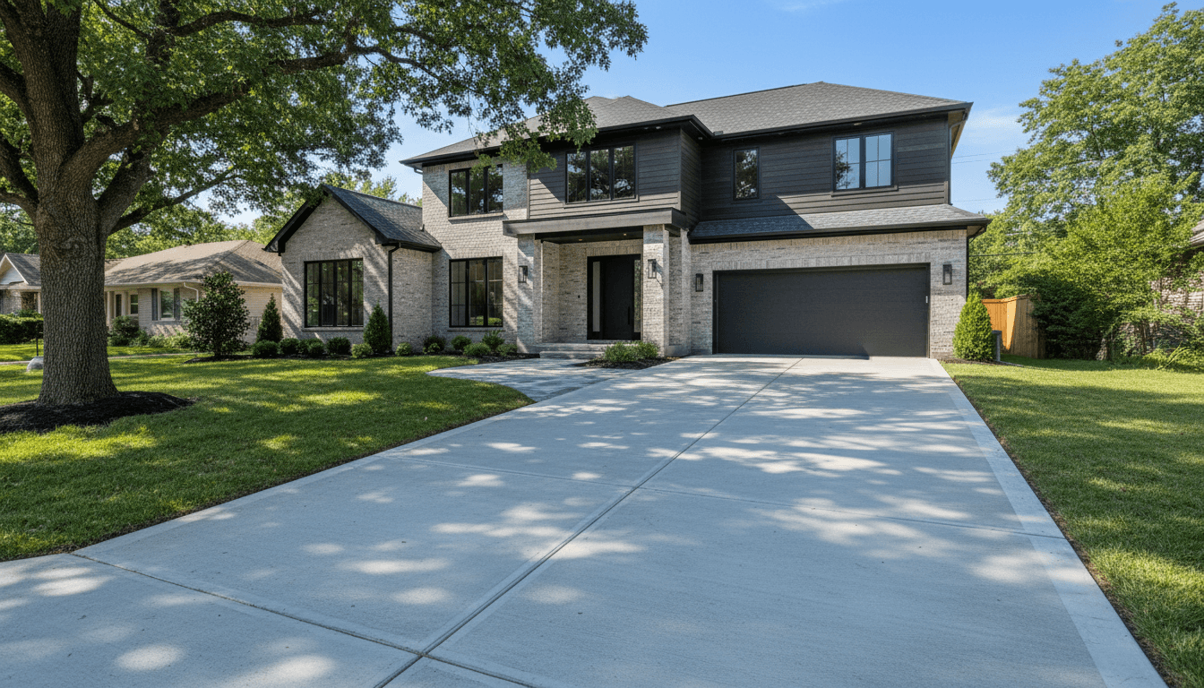 Completed concrete driveway at residential home in Idaho Falls