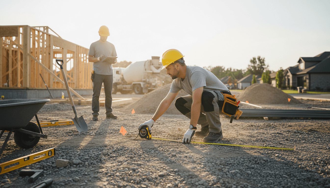 Concrete contractor measuring the ground with a tape measure at a residential job site