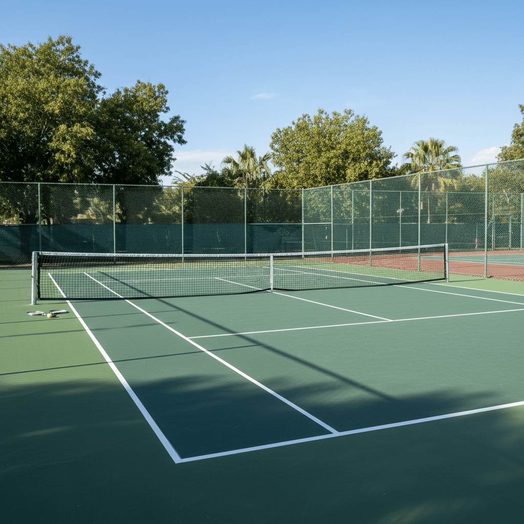 Tennis court with green playing surface, white court lines, net, and chain-link fence