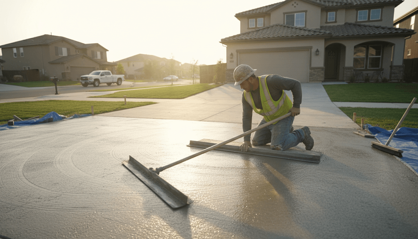 concrete contractor finishing a fresh concrete driveway in Idaho Falls