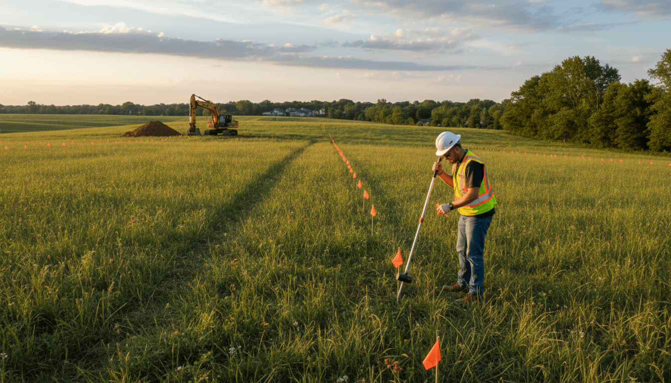 Construction worker marking property lines with stakes and orange flags in a grassy field