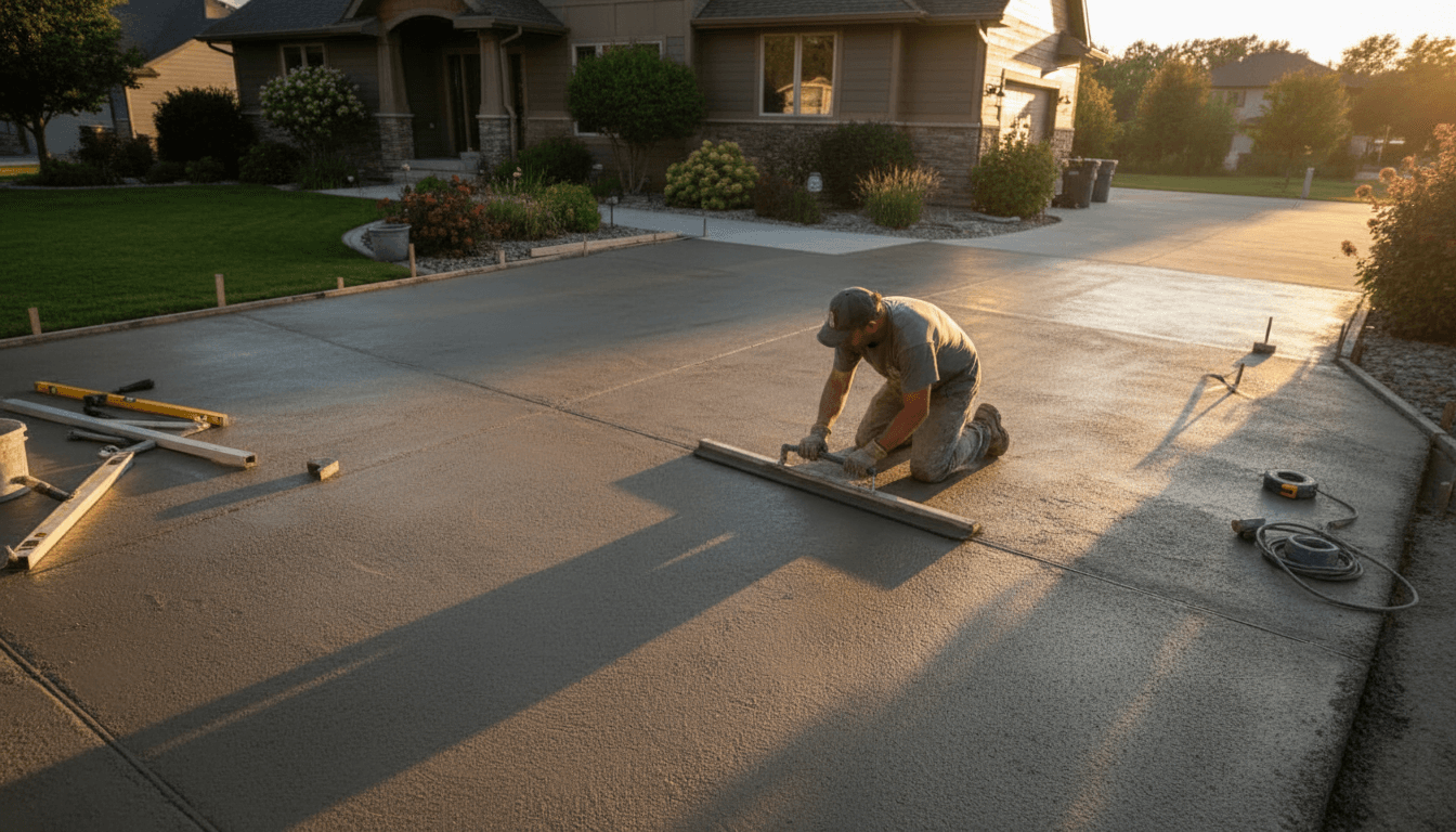 Mason finishing concrete driveway with trowel