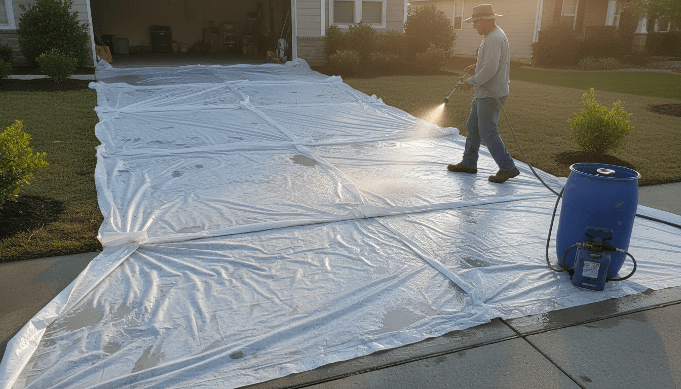 Newly poured concrete driveway with wet curing covers and a sprayer nearby