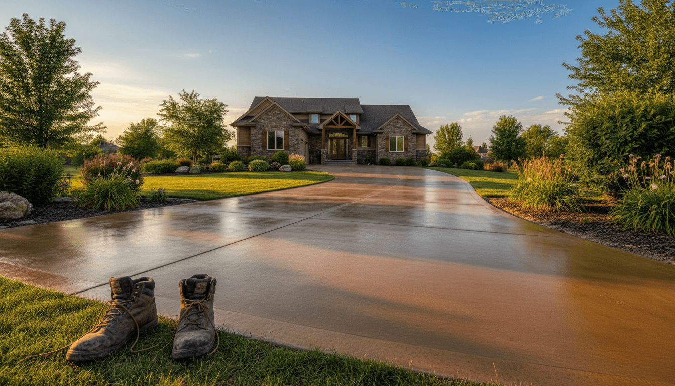 Finished concrete driveway installation at an Idaho Falls home at golden hour