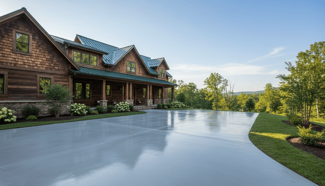 Newly poured concrete driveway with smooth finish and wooden home in background
