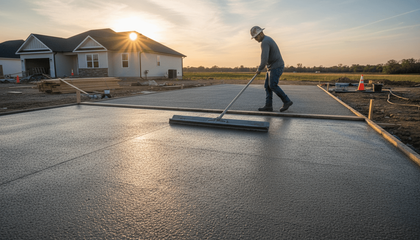 worker smoothing fresh concrete with long-handled float