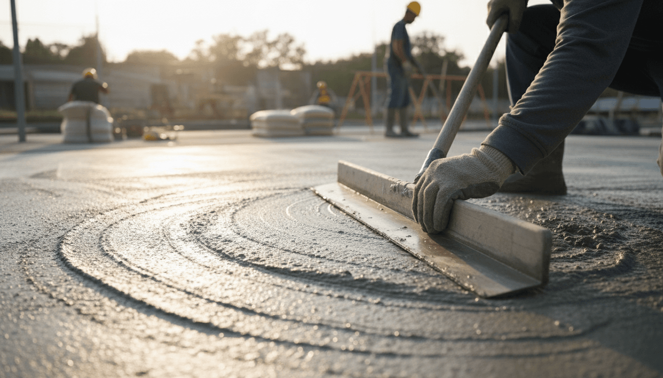Mason finishing concrete surface on sports court