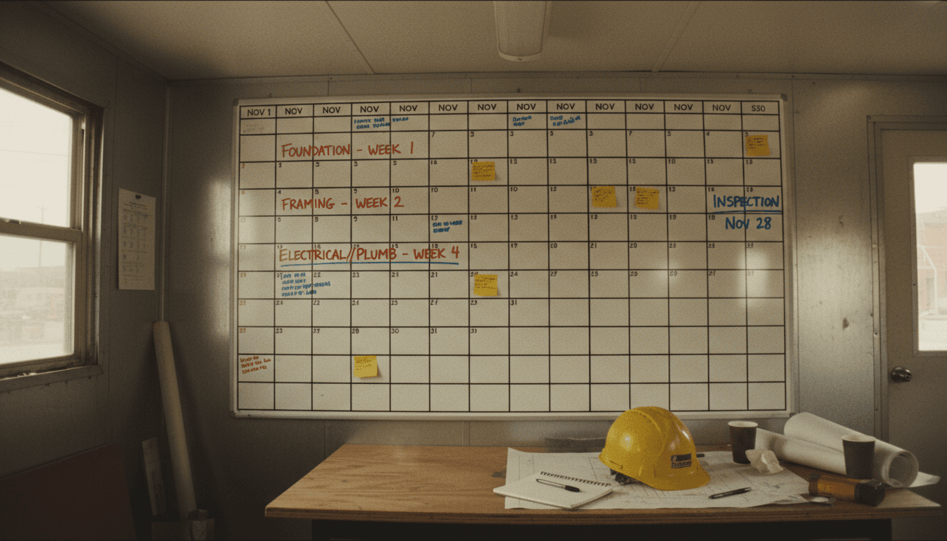 Project calendar in a construction trailer with scheduling notes on it