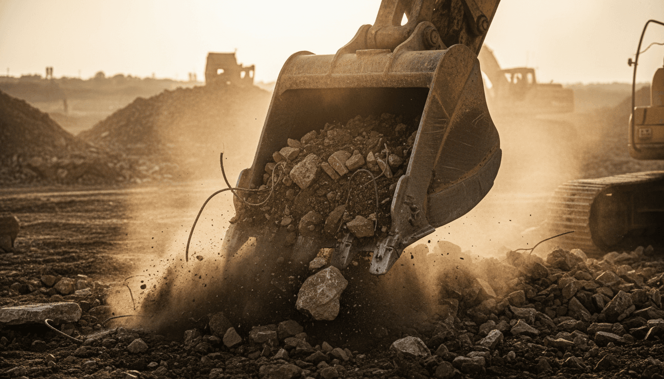Excavator bucket digging into rocky soil with dust in the air