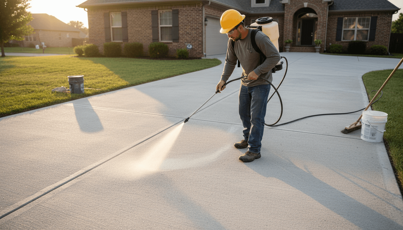 sealant being sprayed evenly over new concrete driveway