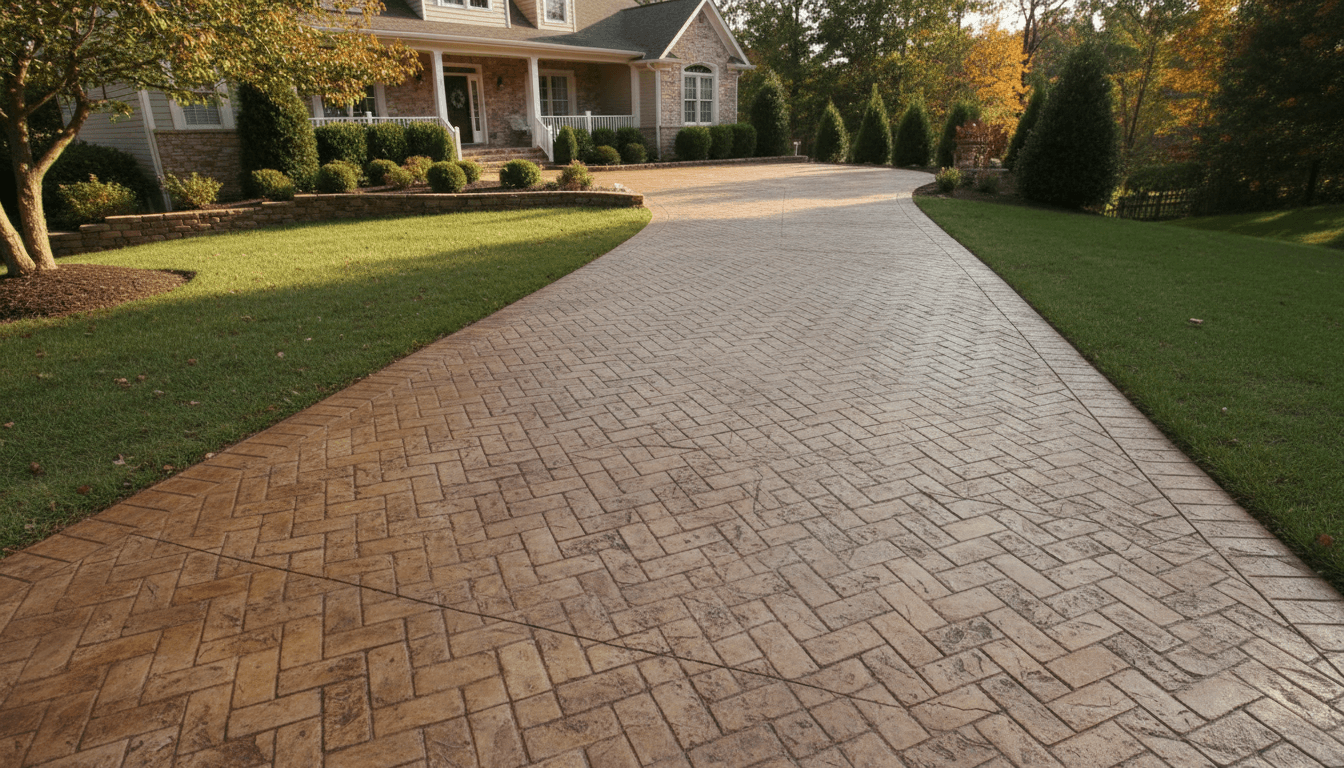 stamped concrete herringbone brick pattern on driveway
