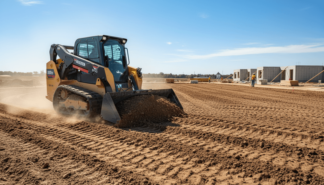 Skid steer grading and leveling dirt on a residential construction site
