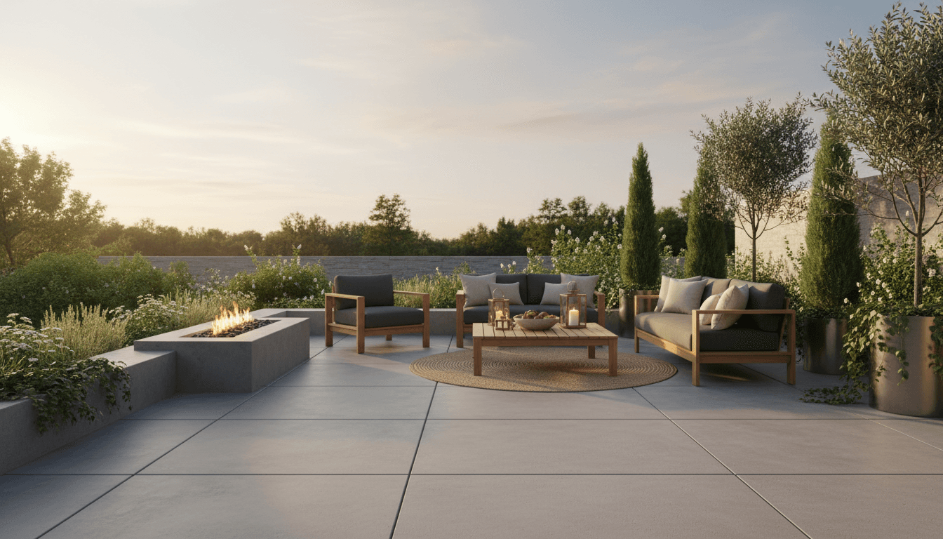 Concrete patio with outdoor furniture and warm natural lighting
