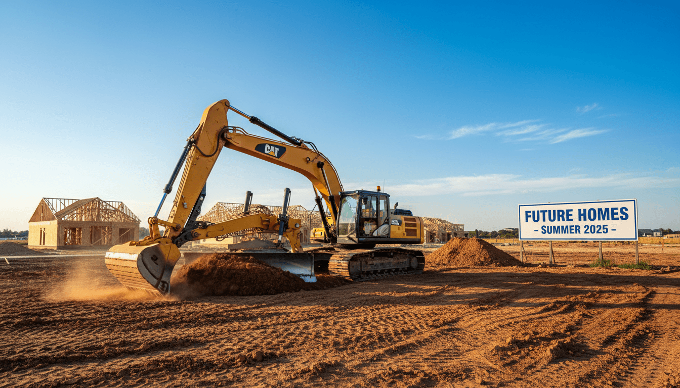 Excavator grading dirt on a residential construction site