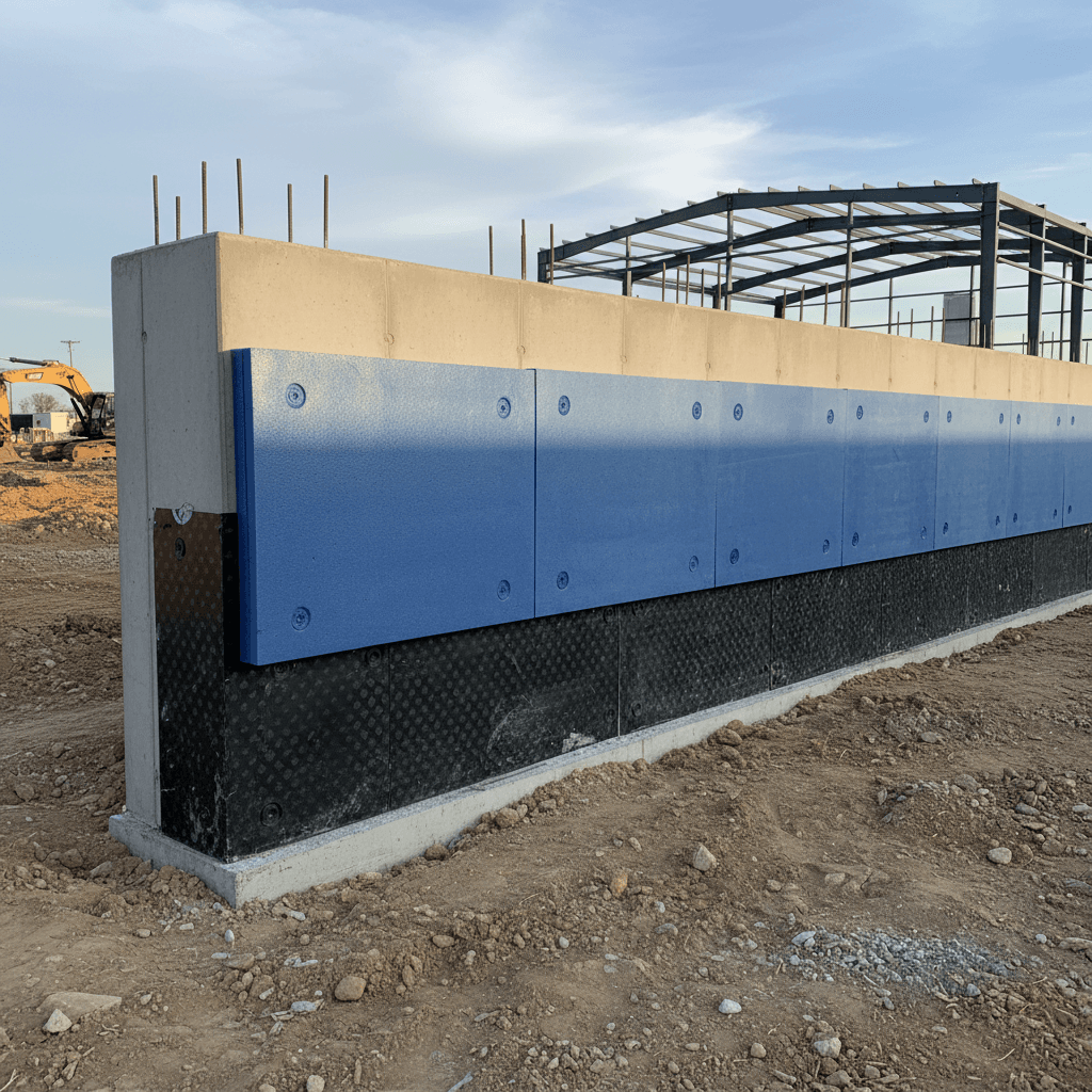 Commercial foundation wall after pour with waterproofing applied