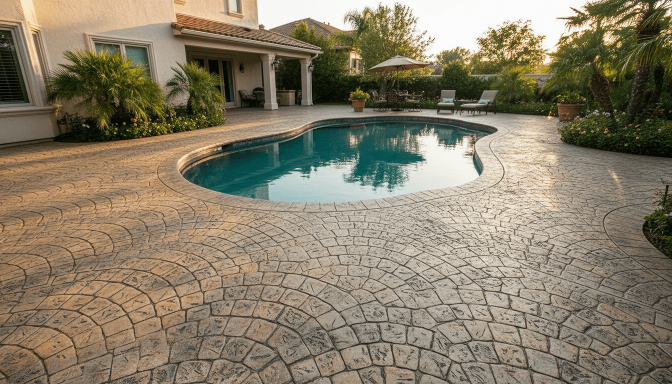 stamped concrete european fan pattern around pool deck
