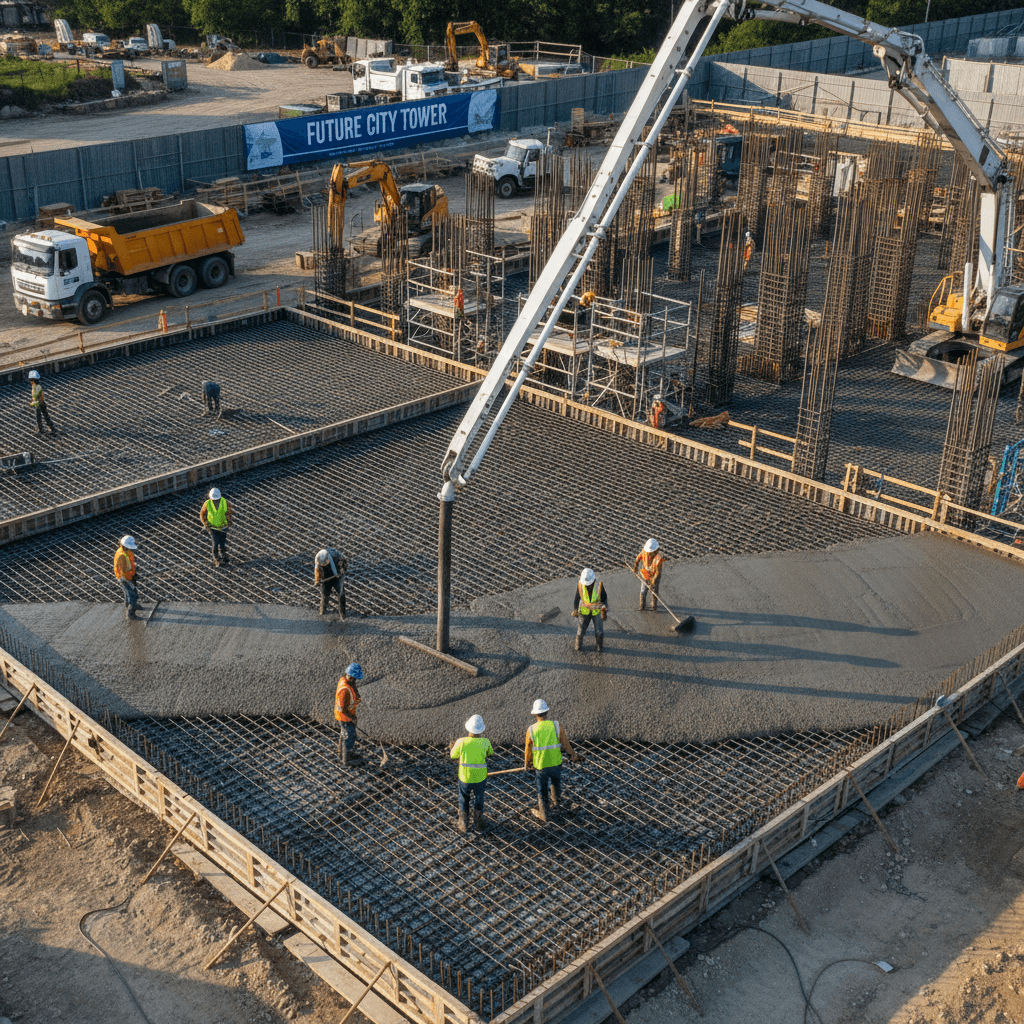 Concrete crew pouring a large commercial slab with pump truck