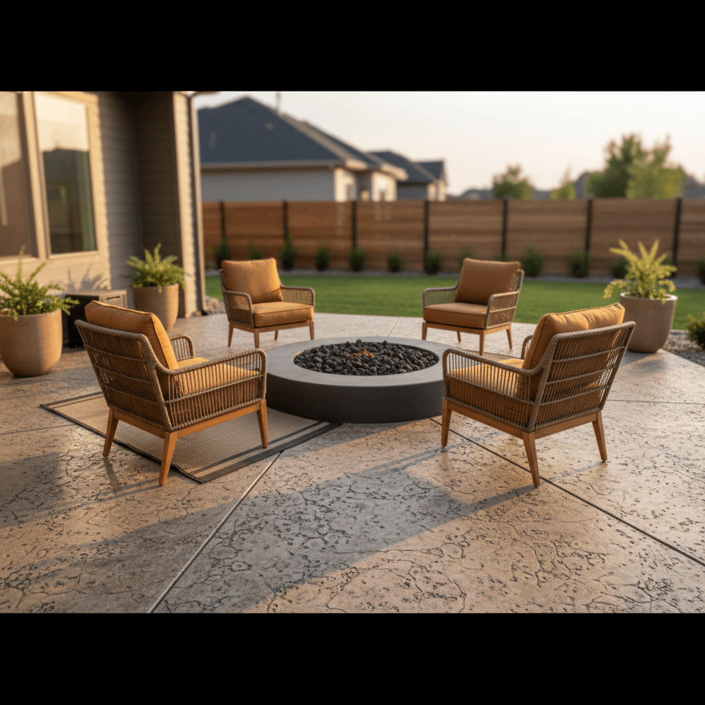 Stamped concrete patio in Ammon with fire pit and lounge seating area