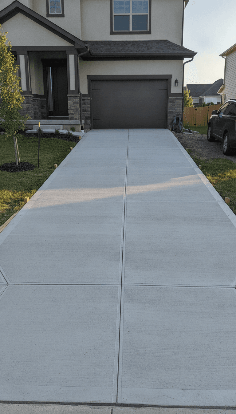 Freshly poured concrete driveway with smooth finish and straight edges