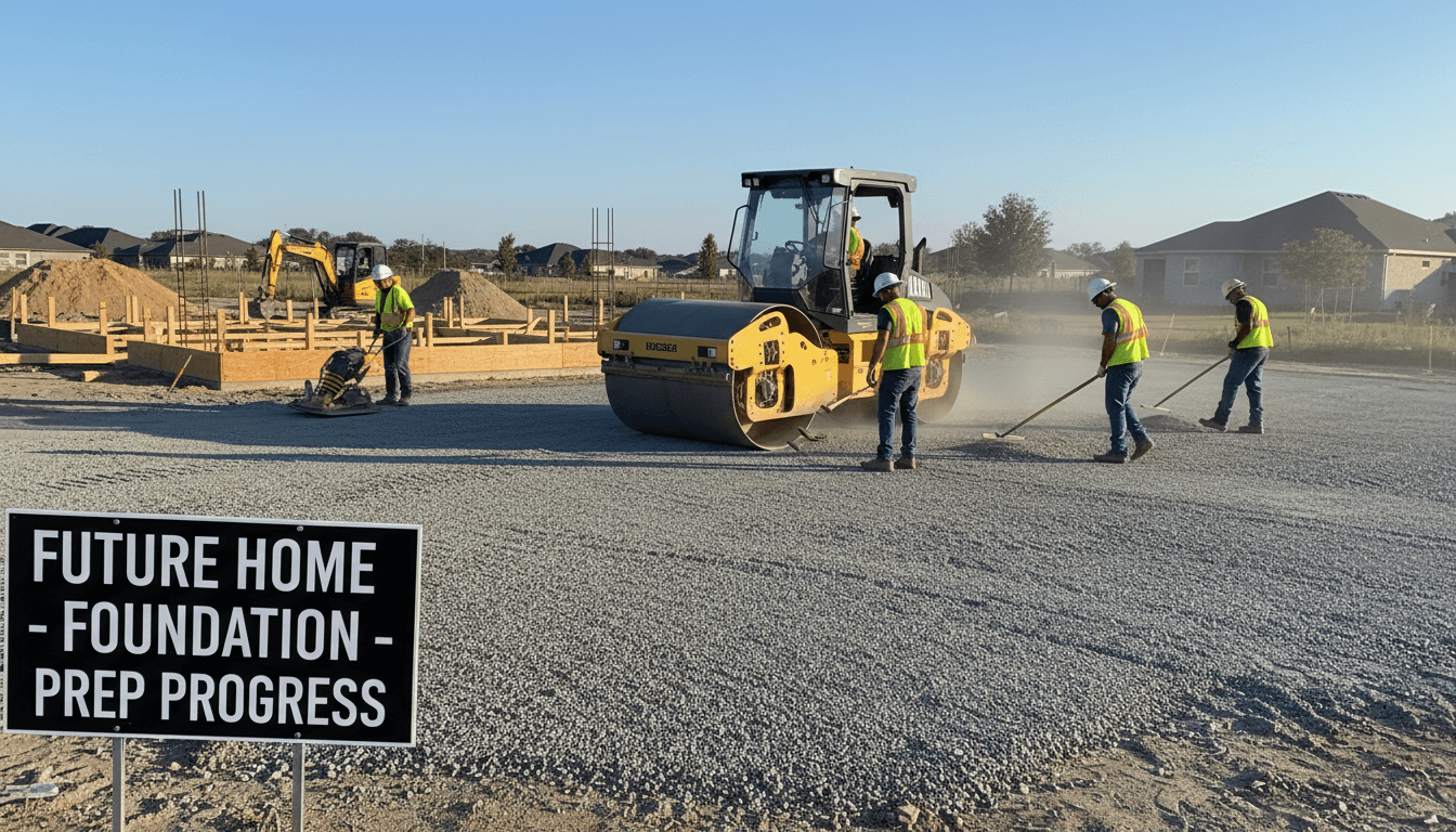 compacted gravel base being smoothed and leveled before concrete pour