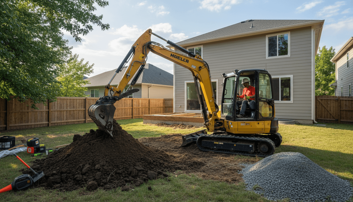 Compact excavator digging soil on a residential lot for foundation preparation