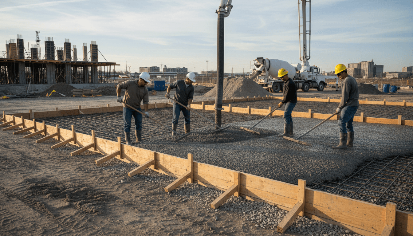 Concrete being poured into forms and spread evenly with rakes