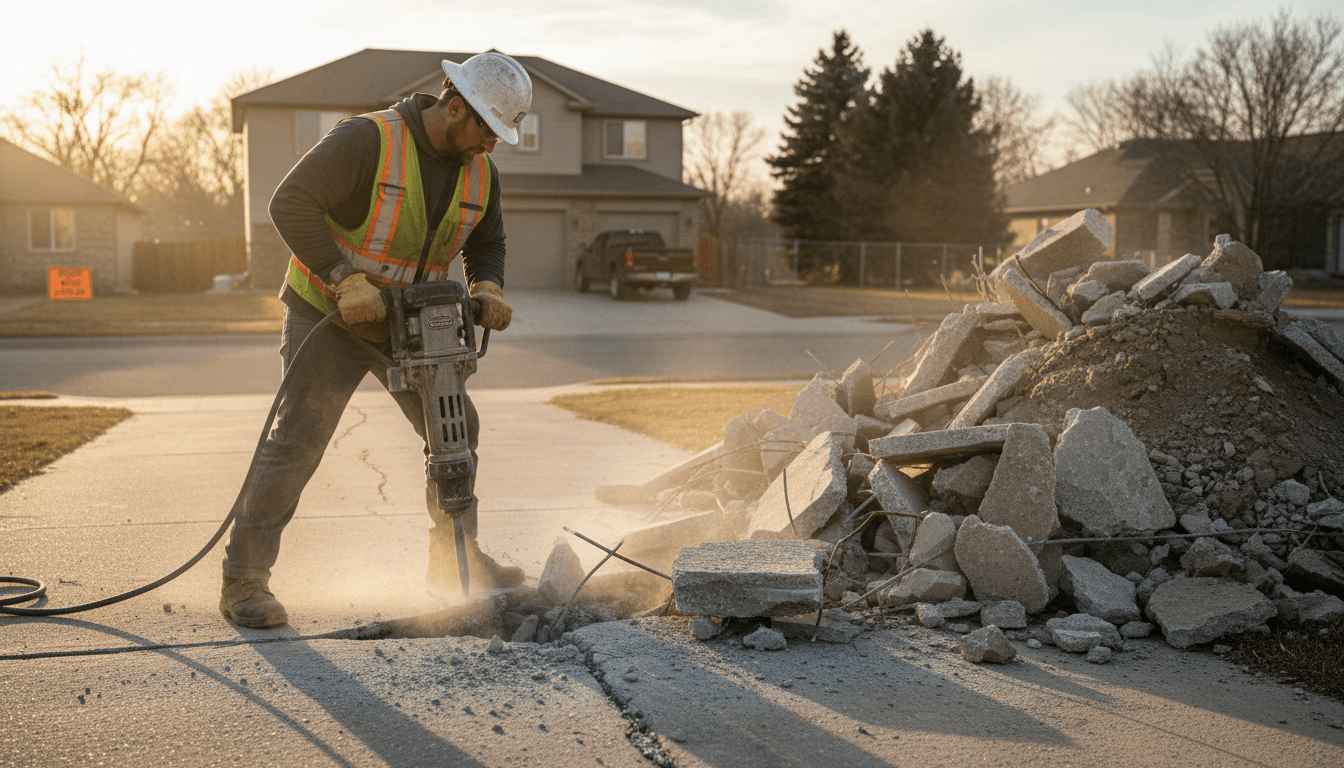 worker breaking up old concrete slab with jackhammer on residential driveway