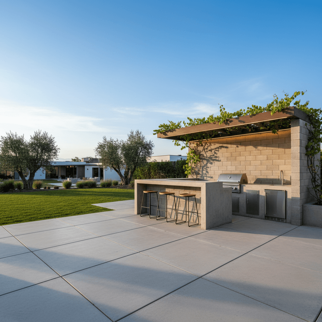 Concrete patio with outdoor kitchen and seating