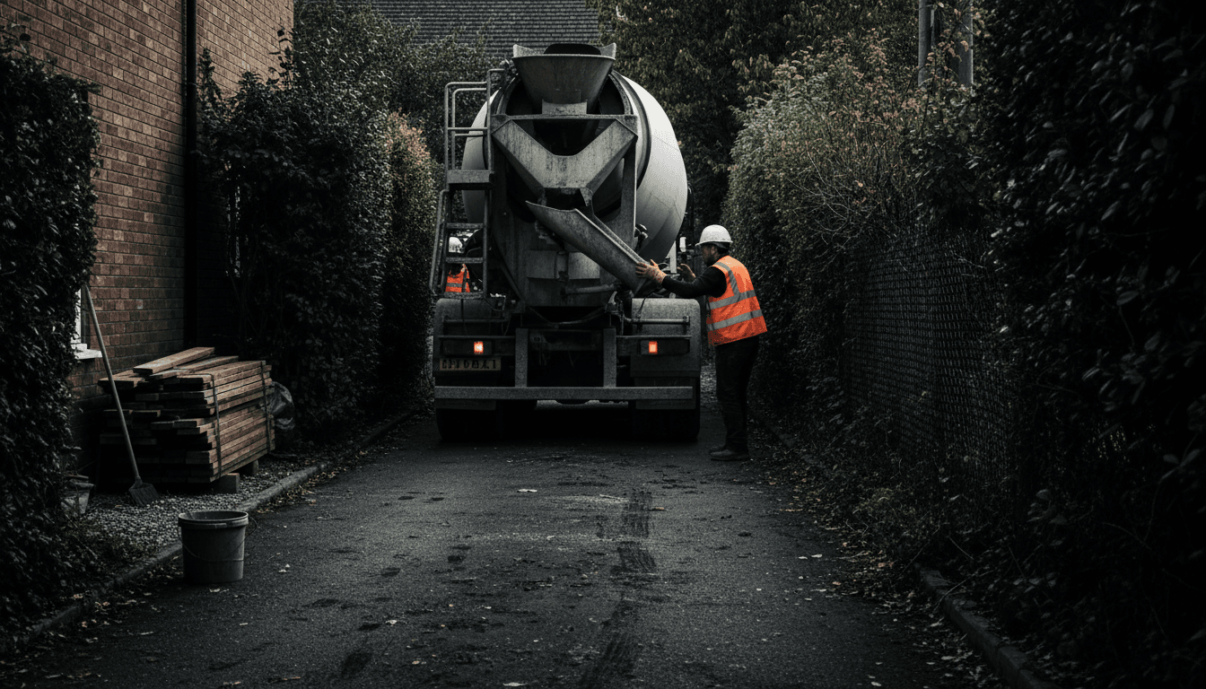 Concrete truck backing into a tight residential driveway with a worker guiding it