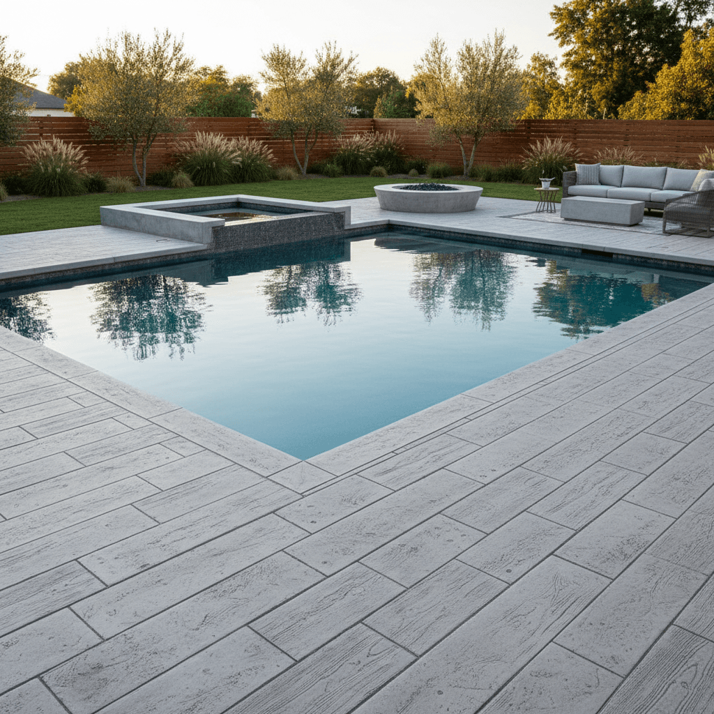Stamped concrete pool deck with wood plank pattern and textured finish