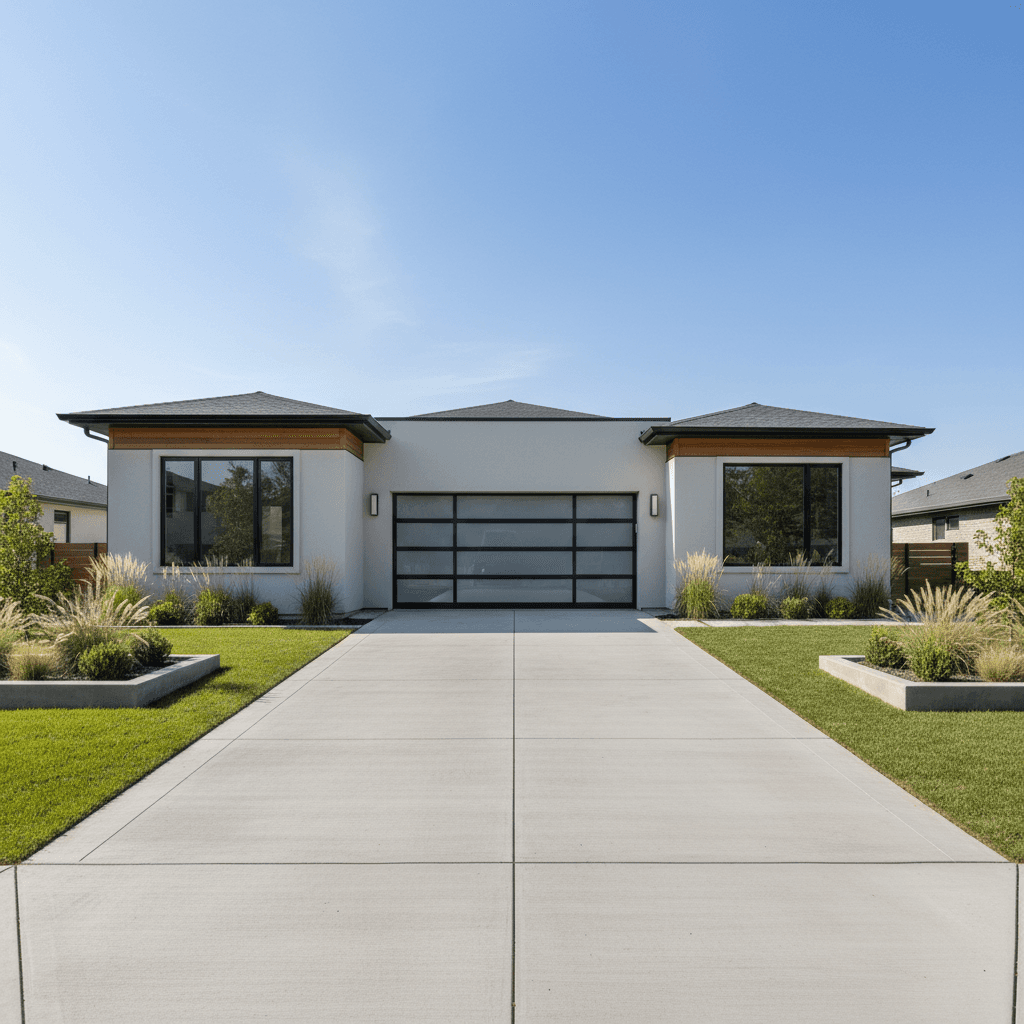 Straight concrete driveway leading to a modern garage