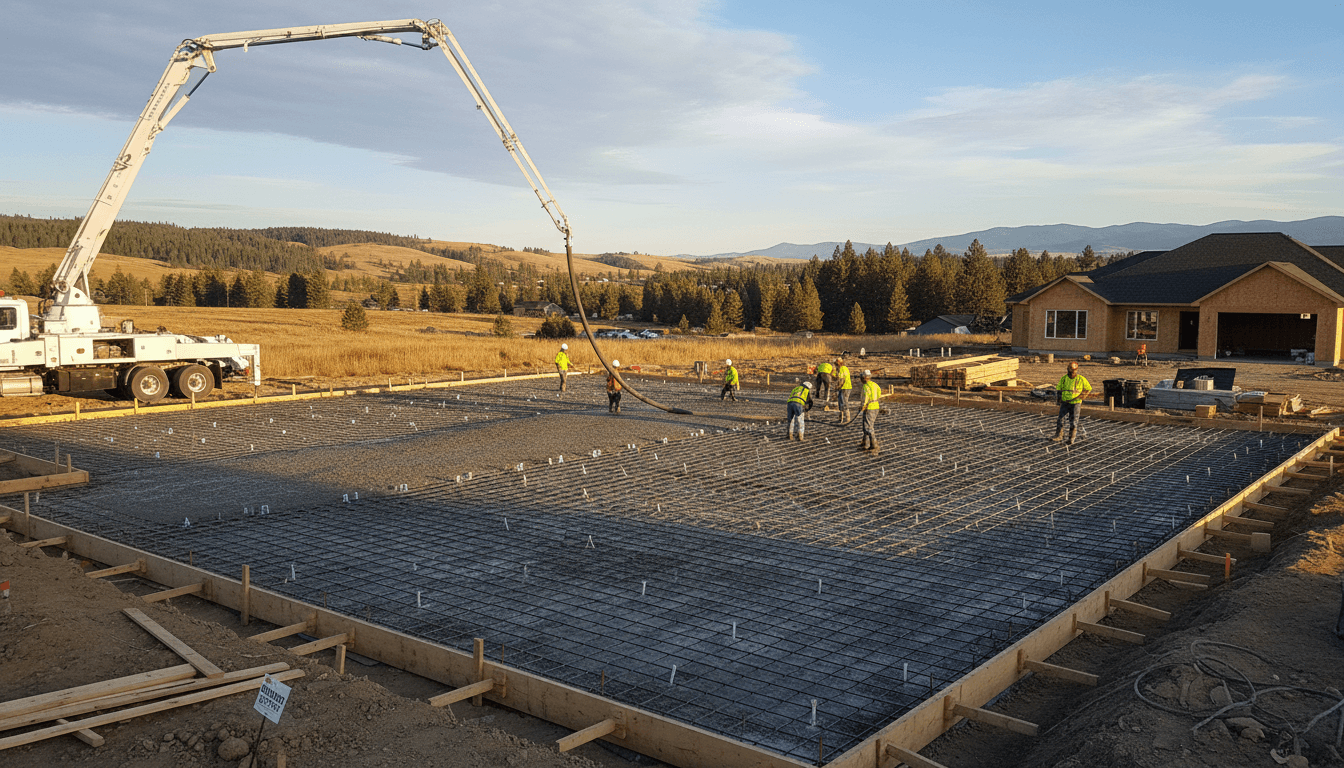 Heavy-duty concrete slab with steel rebar reinforcement being installed for an RV pad