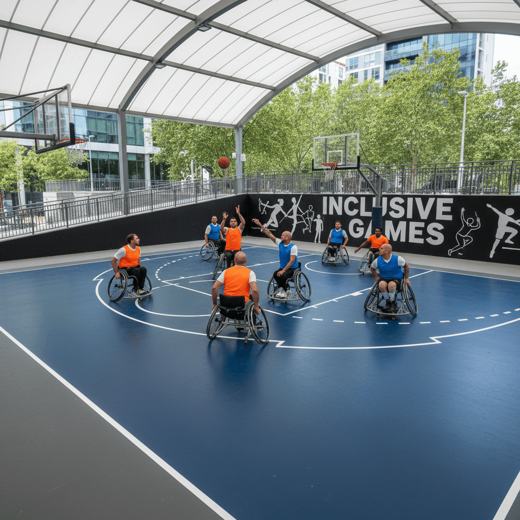 Accessible sports court with wheelchair basketball players on a smooth concrete surface