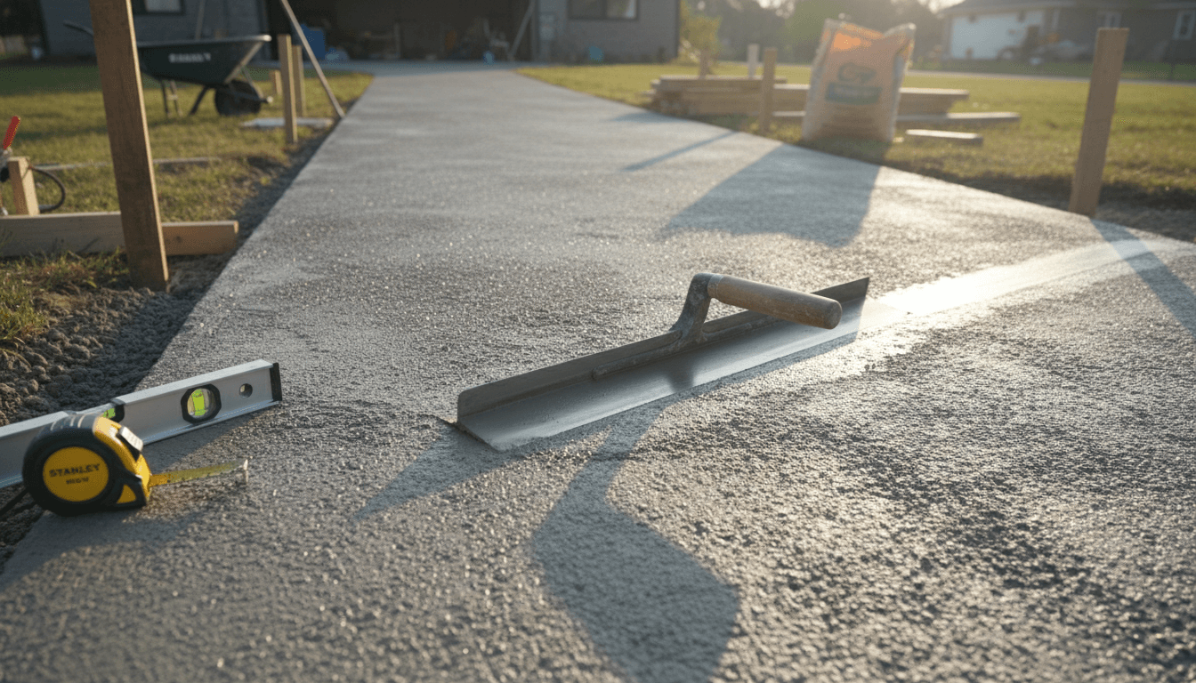 Freshly poured concrete driveway with tools resting on the surface in natural light