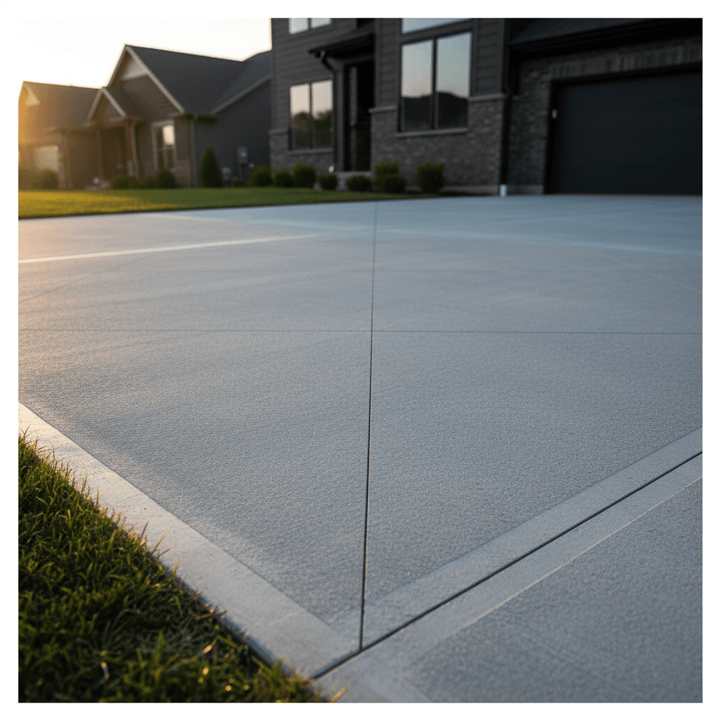 Finished driveway with evenly spaced saw-cut control joints and smooth gray surface
