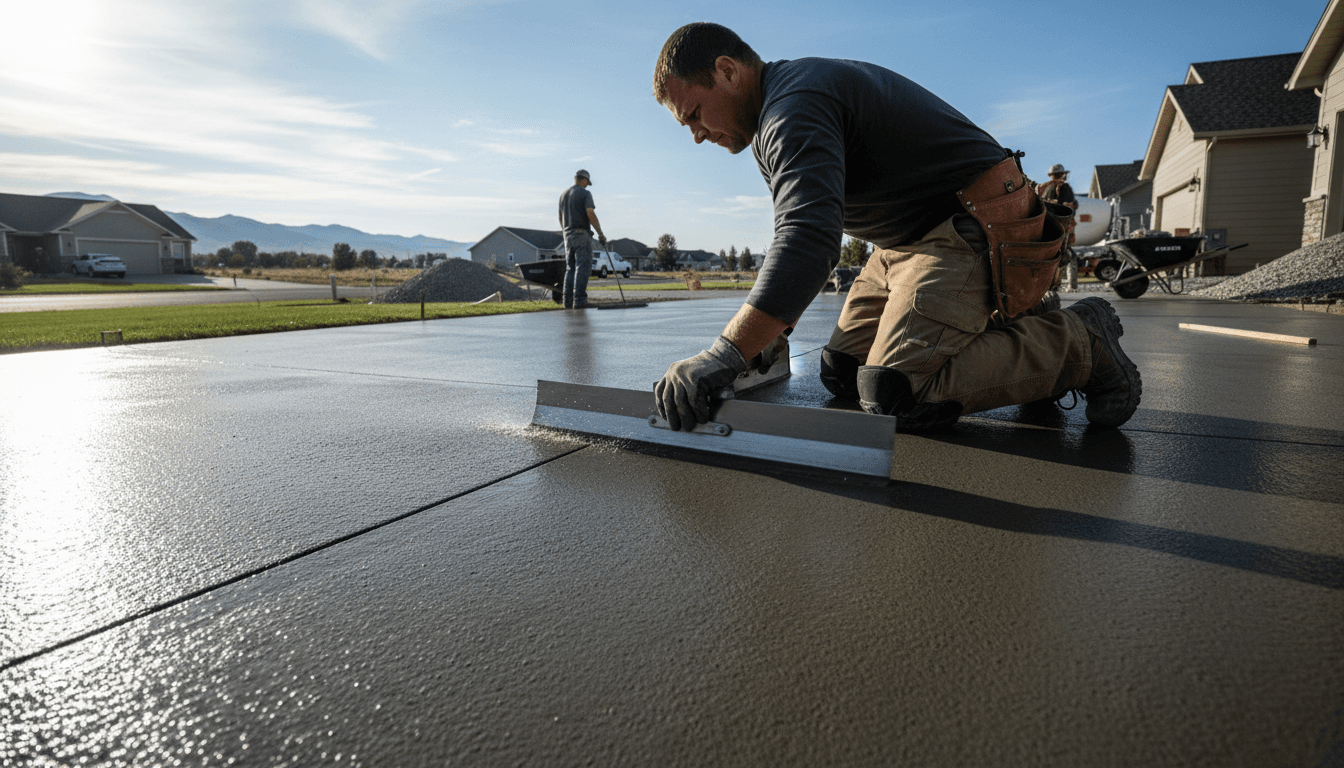 Skilled concrete mason finishing a residential driveway with professional tools and technique