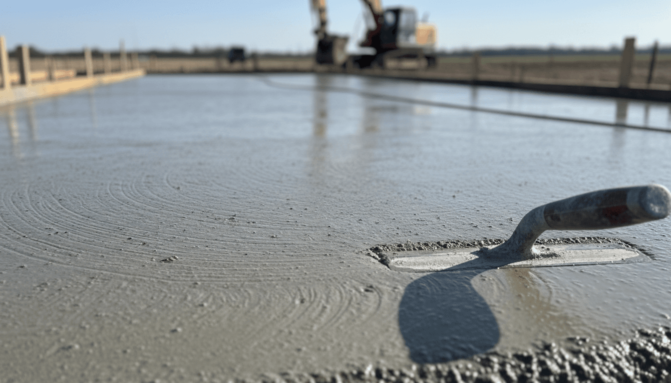 Freshly poured concrete for an RV pad being finished with a trowel