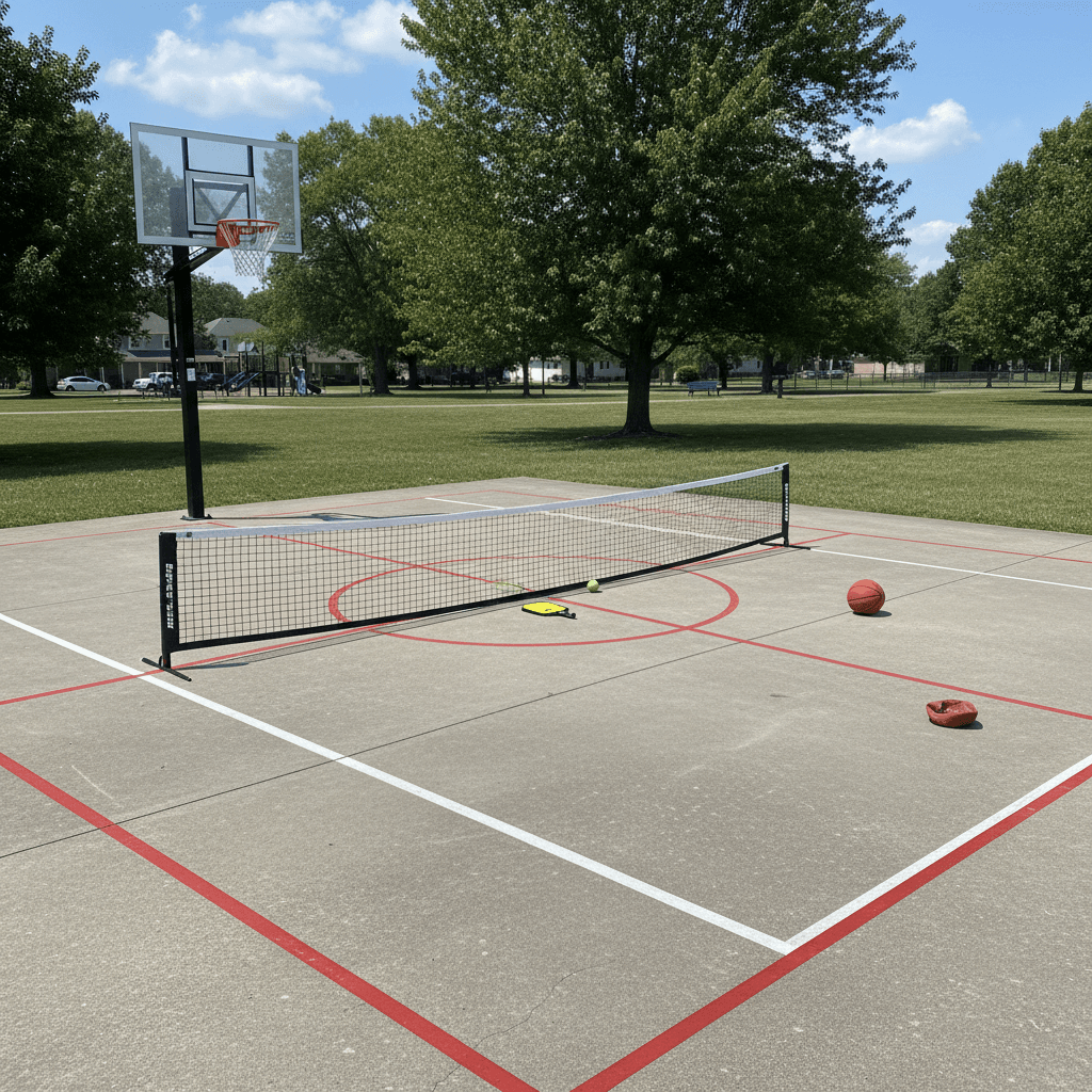 Combined pickleball and basketball court with dual court lines on a single concrete slab