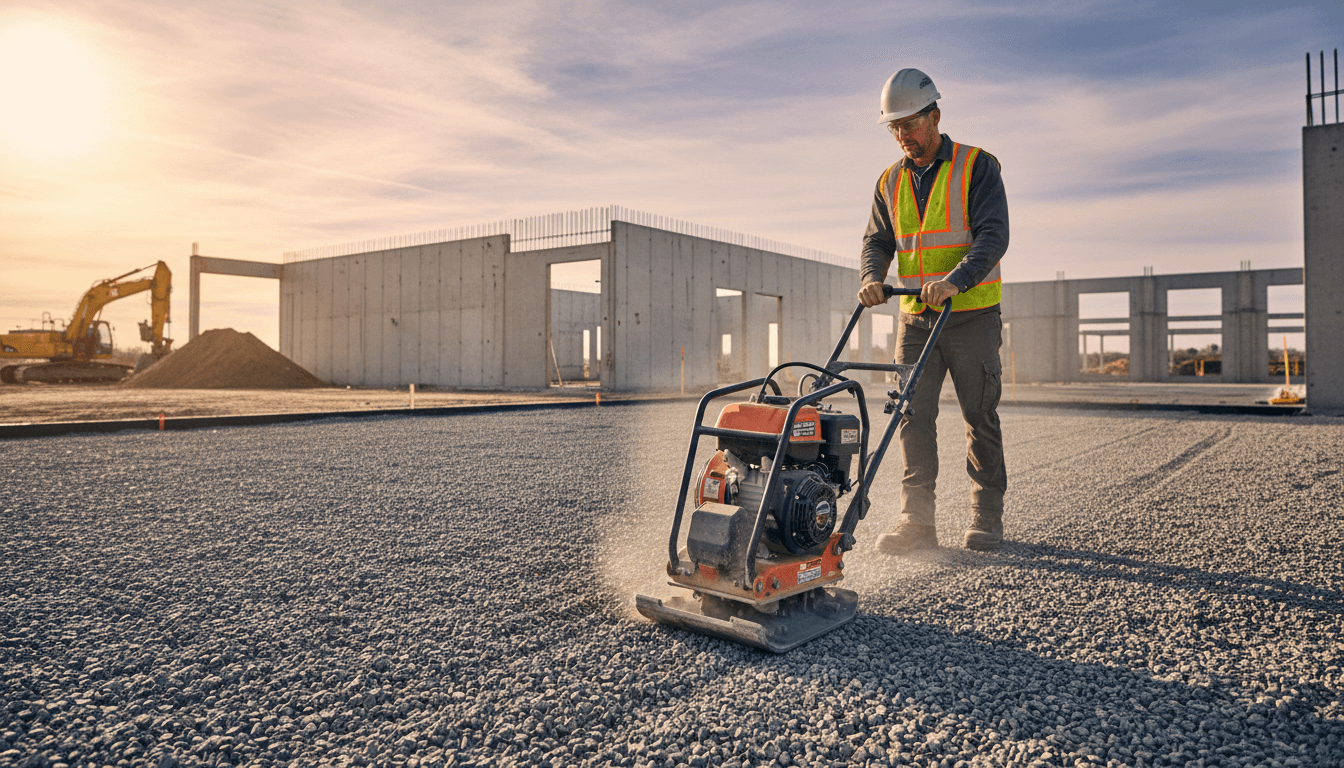 Construction worker compacting gravel base with a plate compactor machine