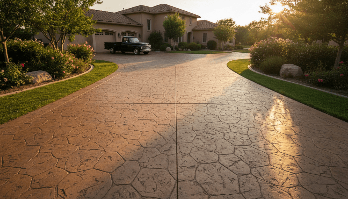 Stamped concrete driveway with a stone pattern in warm earth tones