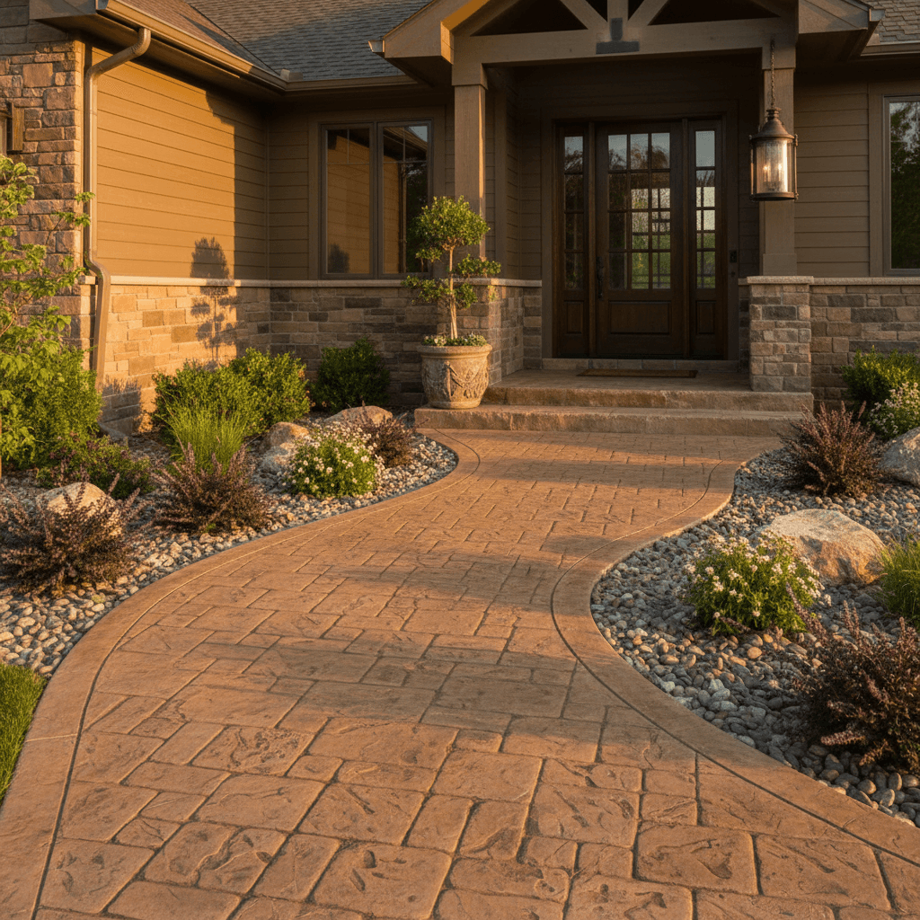 Curved stamped concrete walkway with cobblestone pattern leading to entrance