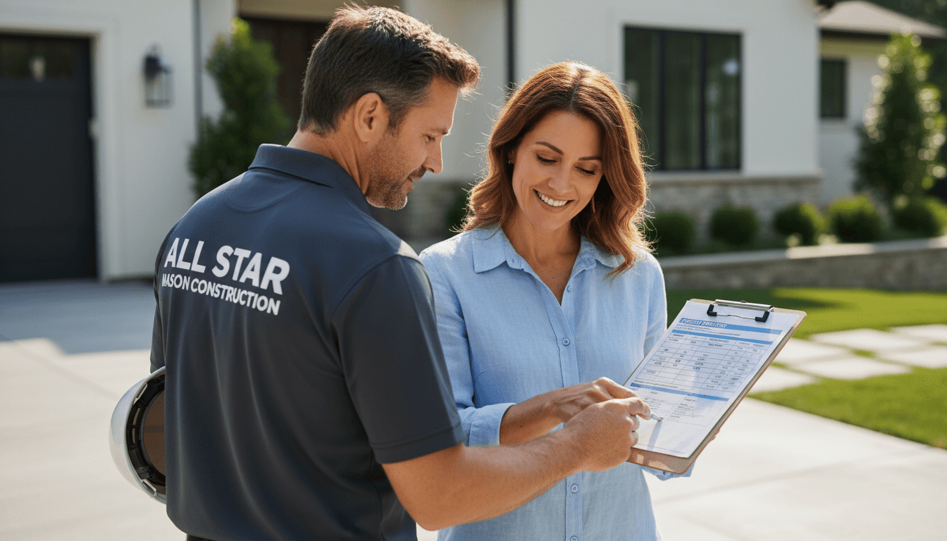 Homeowner reviewing concrete project estimate with contractor