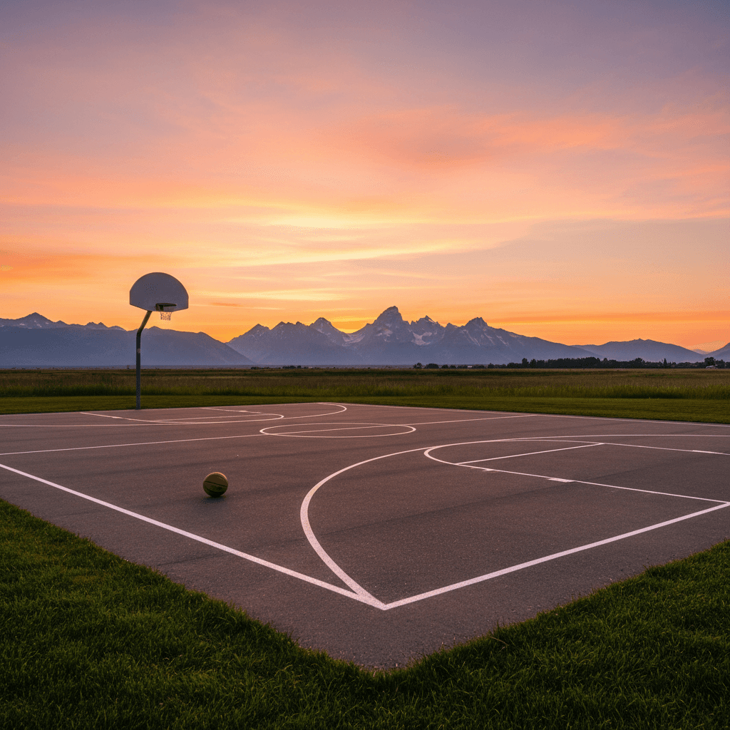 Finished basketball court in Victor with Teton mountains in background