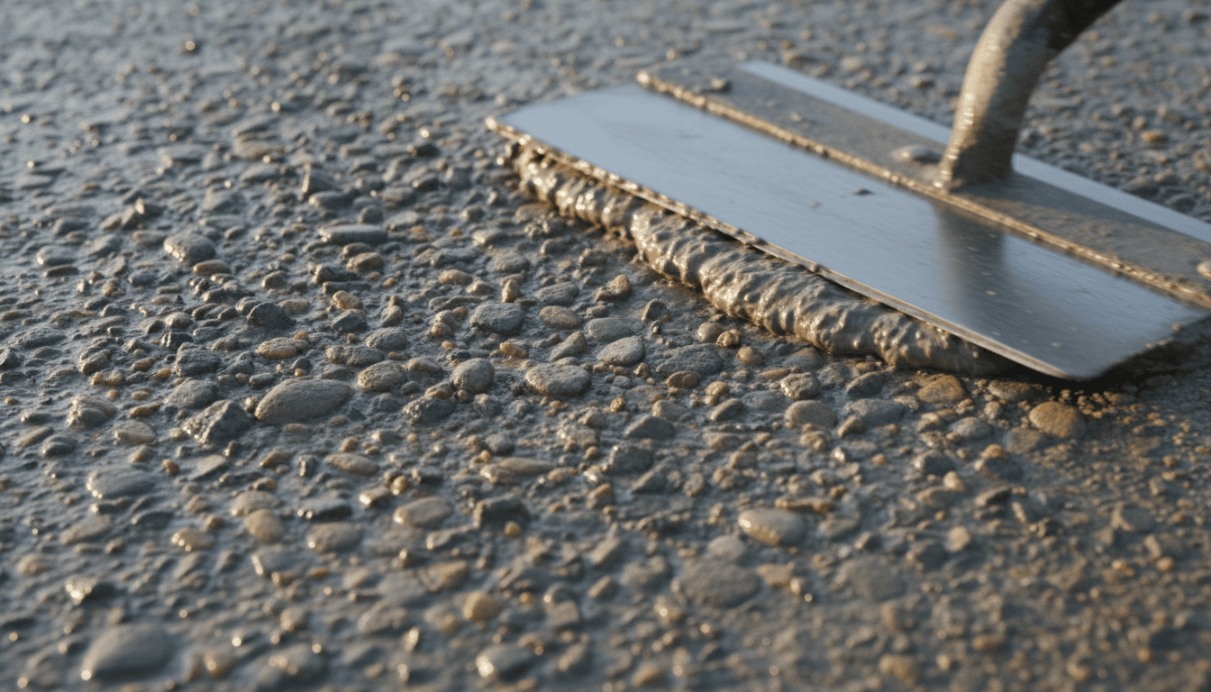 Close-up of a trowel smoothing wet concrete highlighting the aggregate texture
