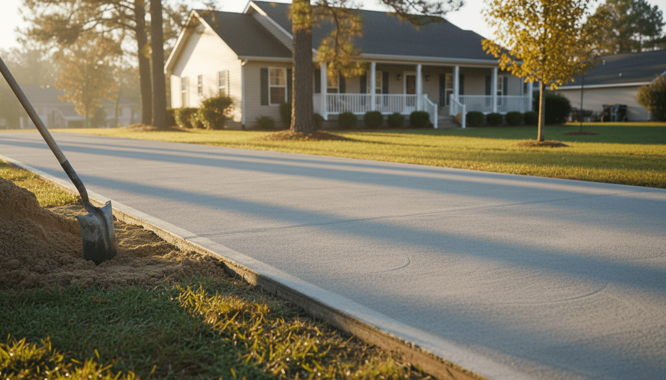 Freshly poured concrete driveway with smooth finish